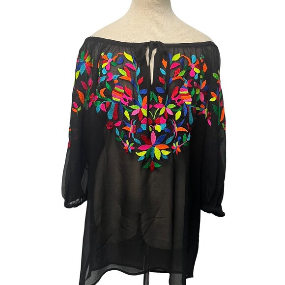 SIZE M Roja Mexican Style Embroidered Black Sheer Peasant Top Folk Art Otomi - Picture 2 of 10